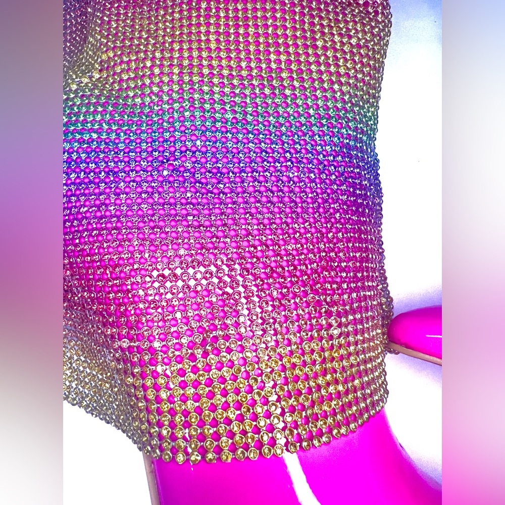 Rainbow Rhinestone Stiletto Boots. Hot Pink w/ Colorful Rhinestone Curtain -EDC - Picture 6 of 16